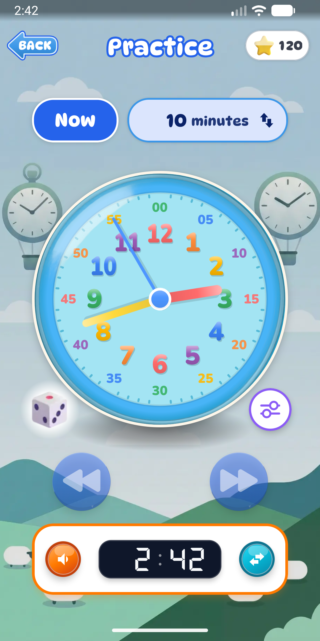Practice screen: a toy clock with the time shown on a digital display