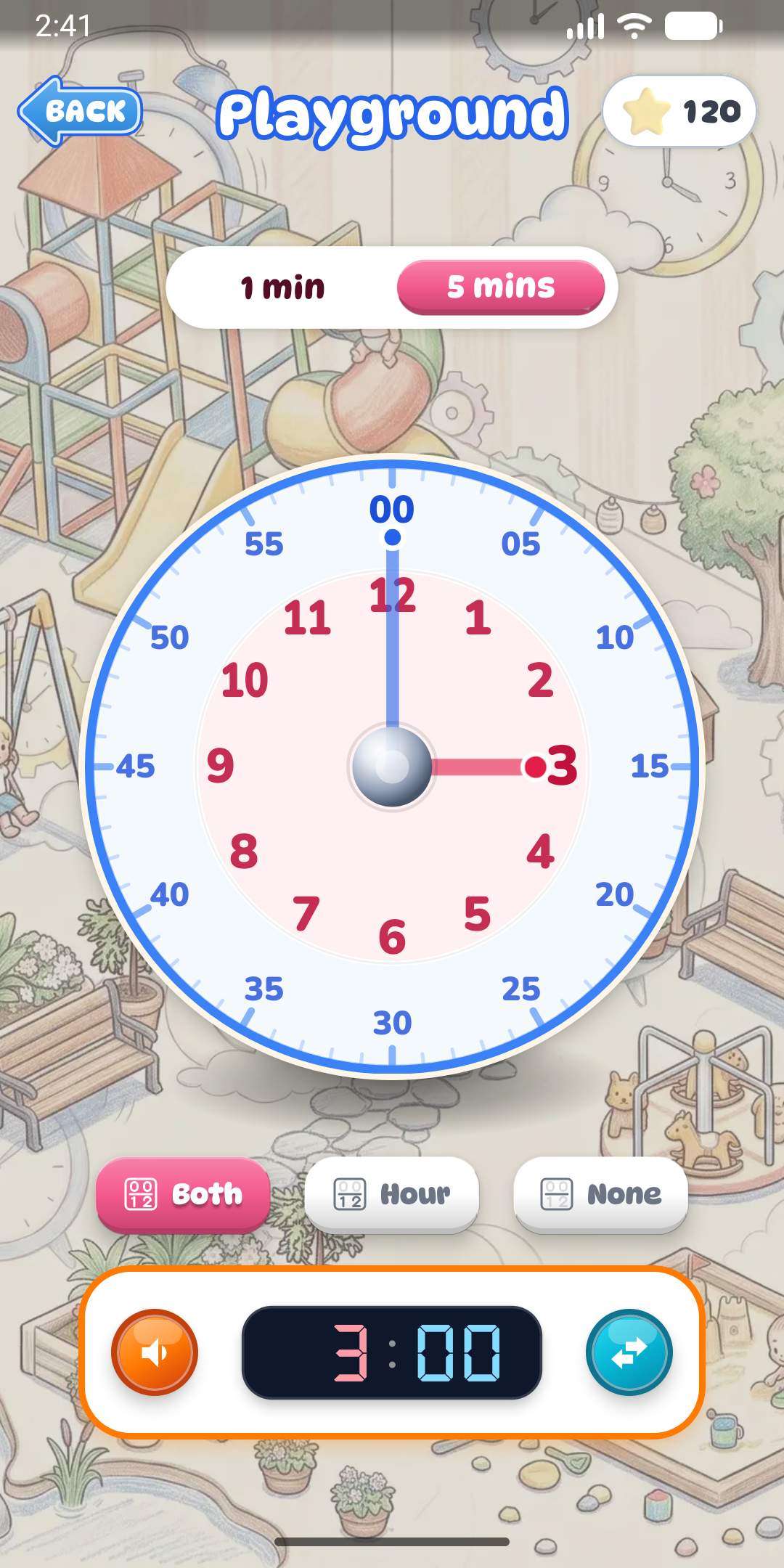 Playground screen: a large interactive clock over a playground drawing