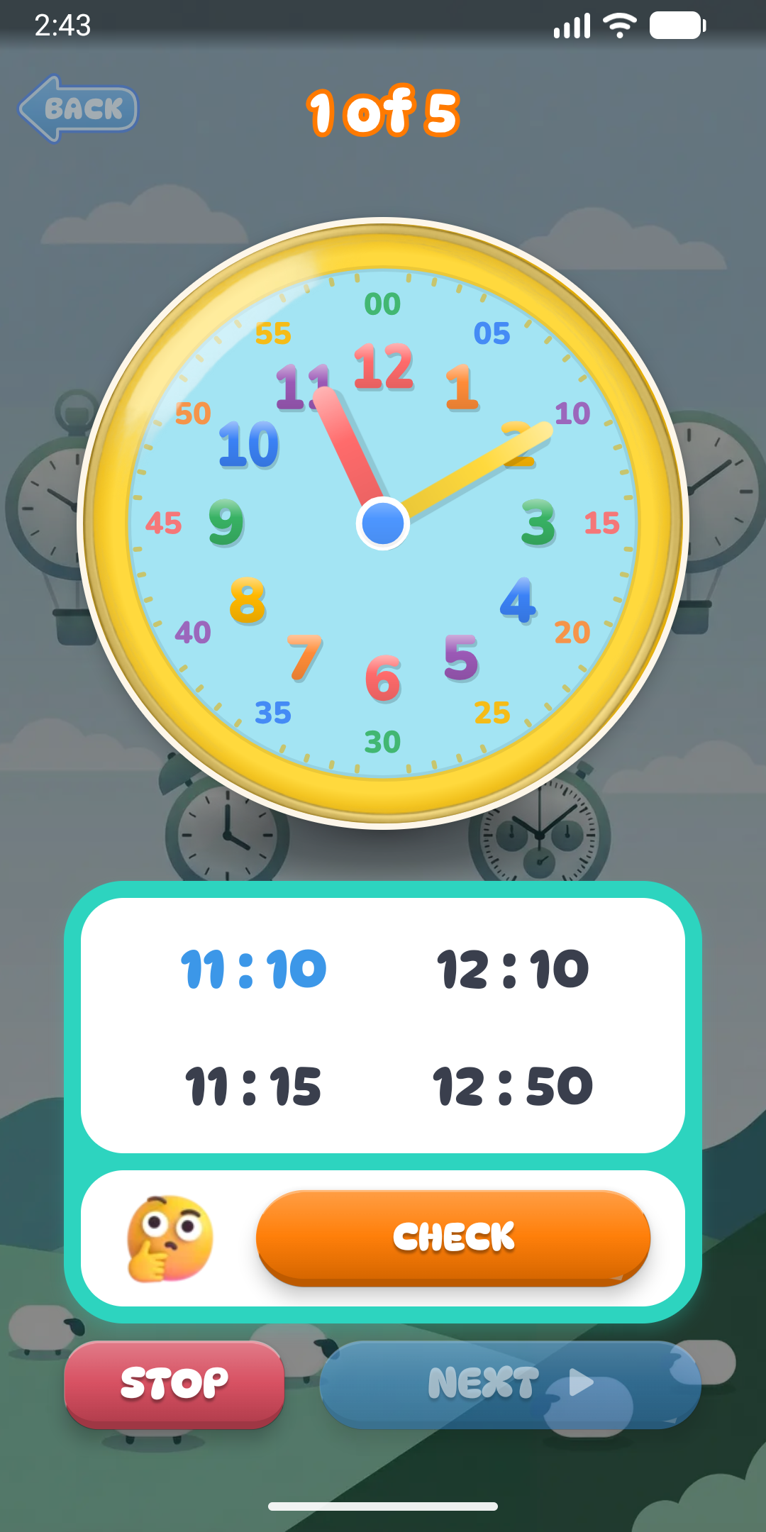 Challenge screen: four digital answers to choose from, with a check button
