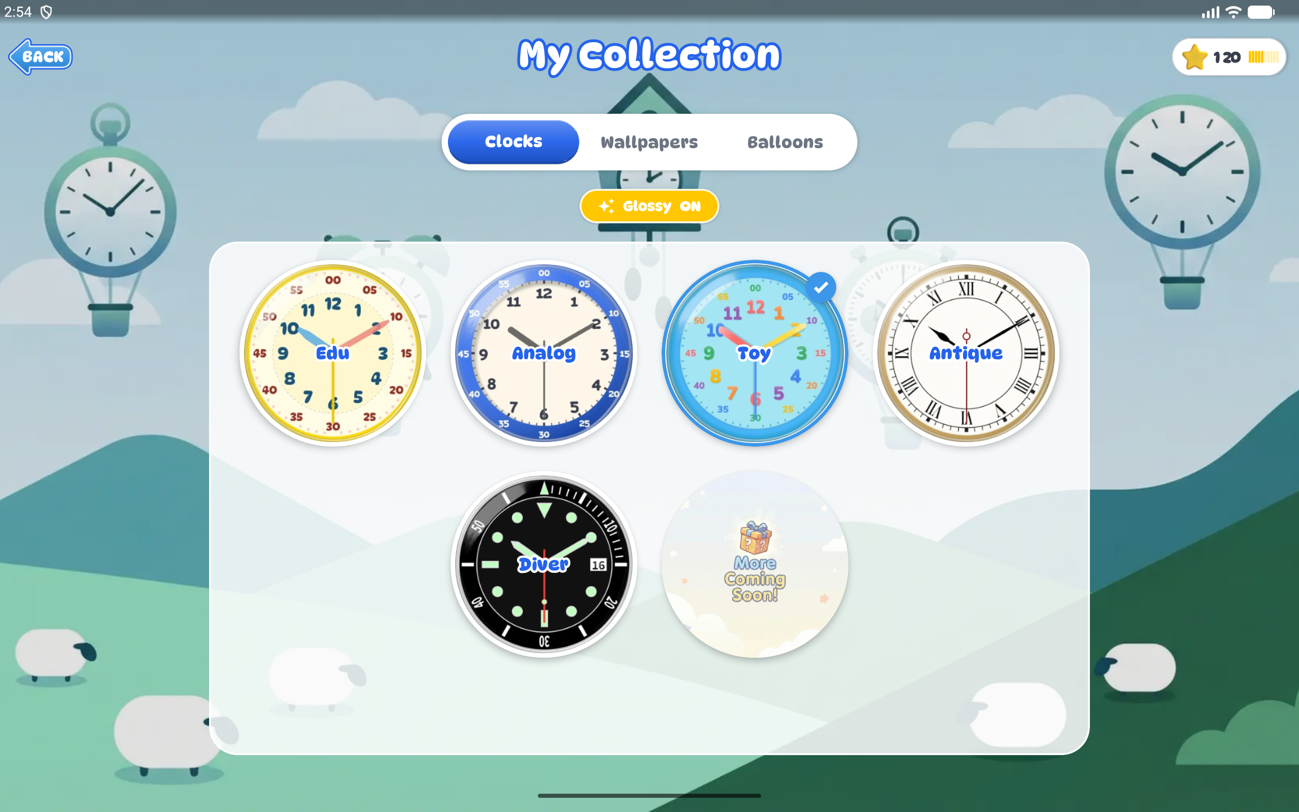 Collection screen on a tablet showing clock faces to unlock